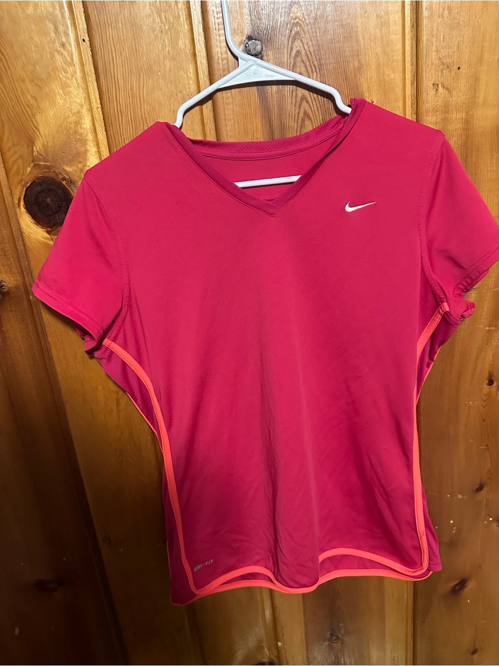 Nike Women's Bright Pink Short-Sleeve V-Neck Athletic Tee with Coral Trim
